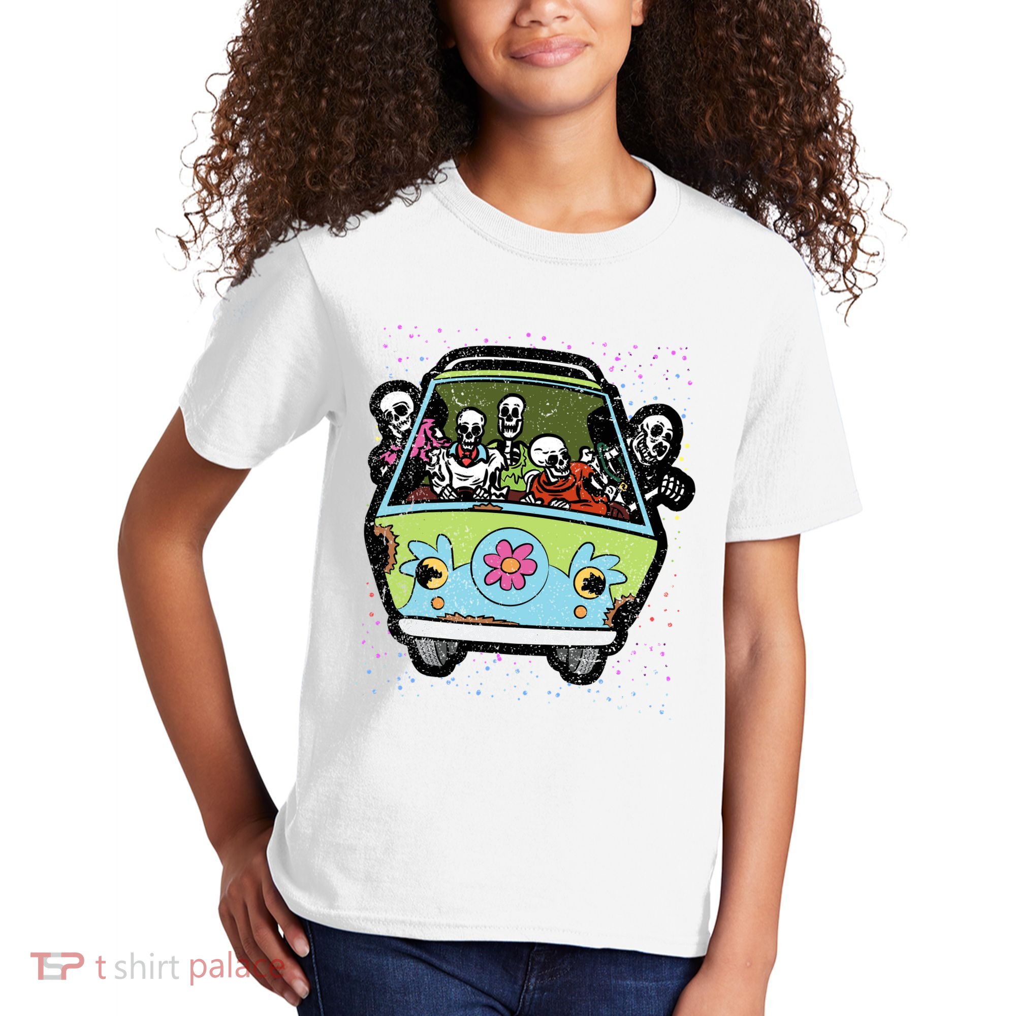 Skeleton Riding Hippie Van Halloween Costume Retro Bones Kids T-Shirt
