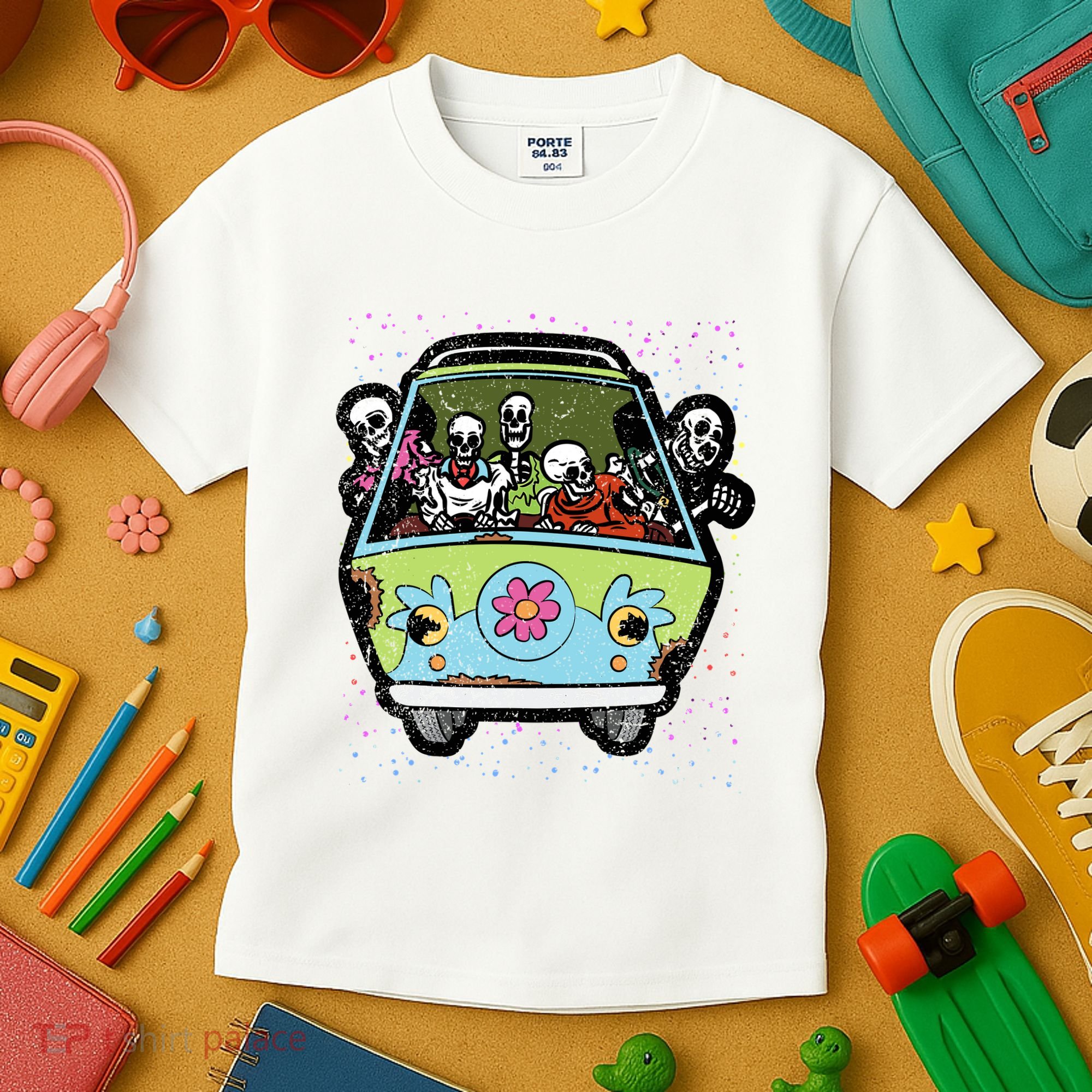 Skeleton Riding Hippie Van Halloween Costume Retro Bones Kids T-Shirt
