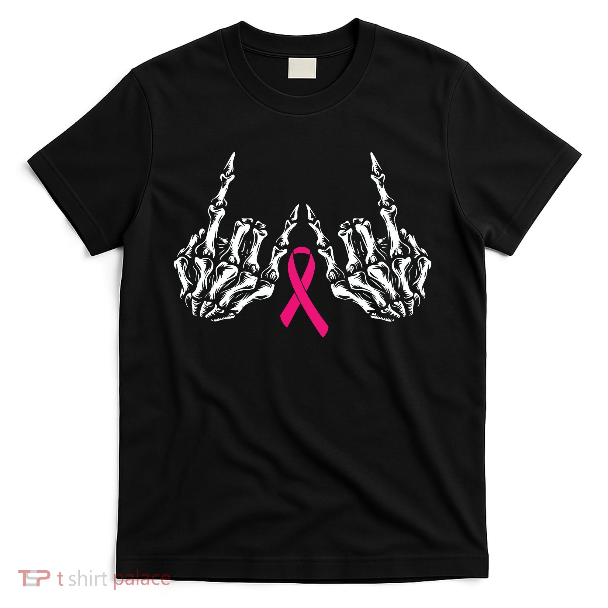 Skeleton Rock Hand Breast Cancer Awareness Cool Pink Ribbon T-Shirt