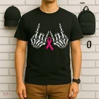 Skeleton Rock Hand Breast Cancer Awareness Cool Pink Ribbon T-Shirt thumb 6