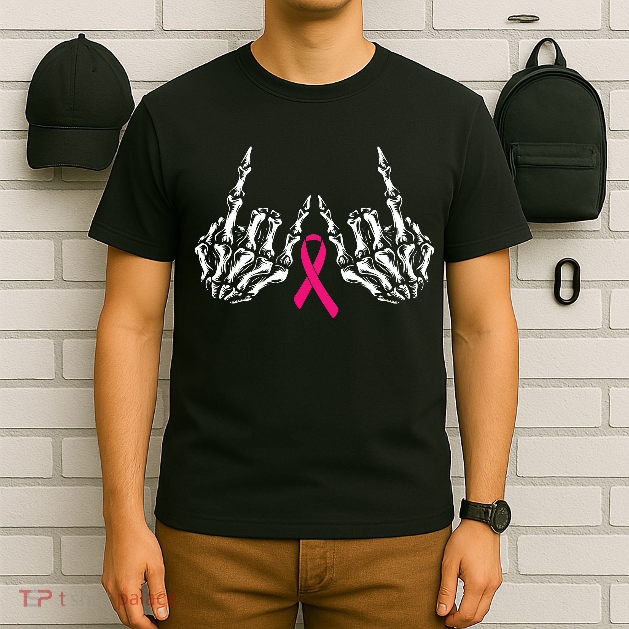Skeleton Rock Hand Breast Cancer Awareness Cool Pink Ribbon T-Shirt