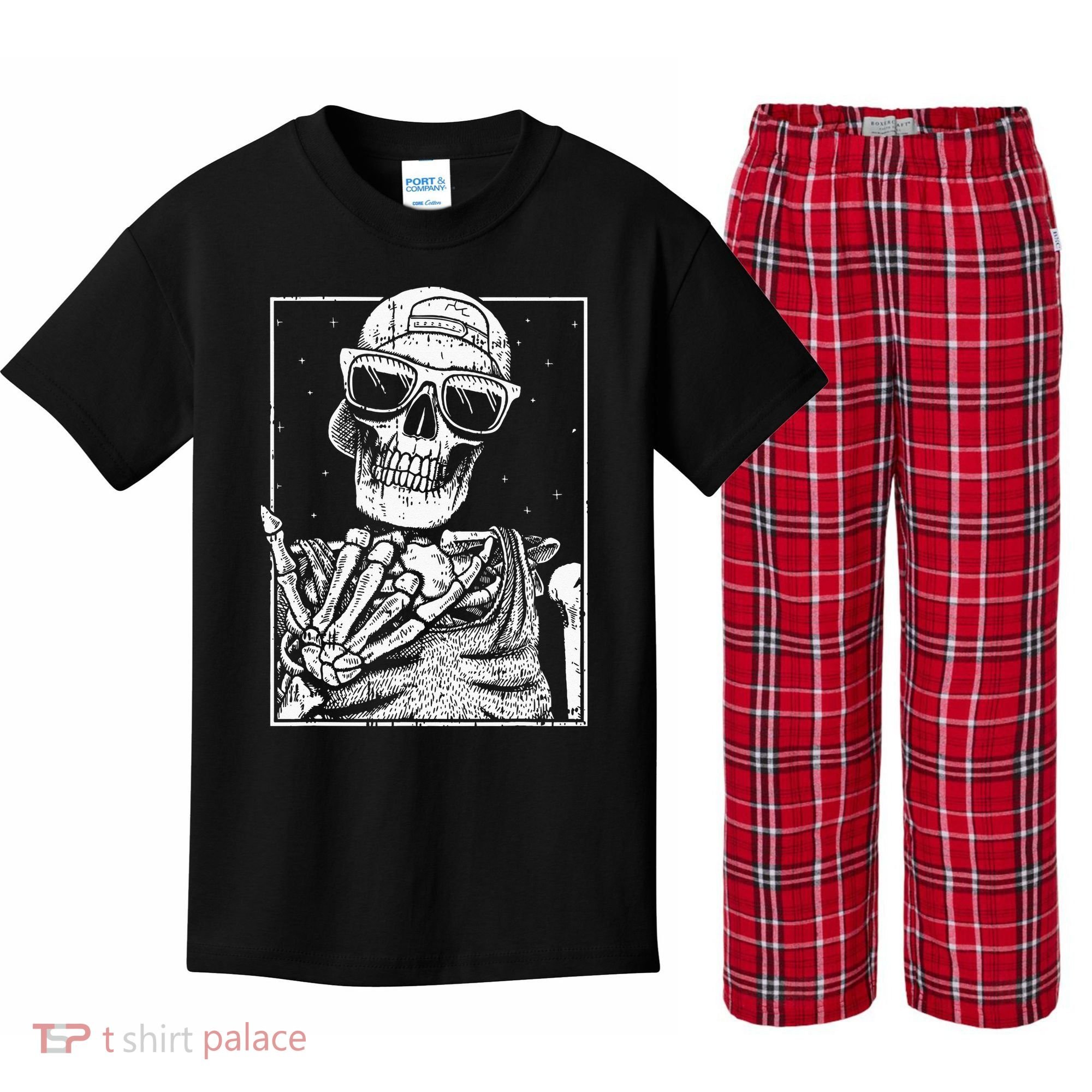 Skeleton Rock Hand Halloween Costume Cool Rock Music Rocker Kids Plaid Pajama Set