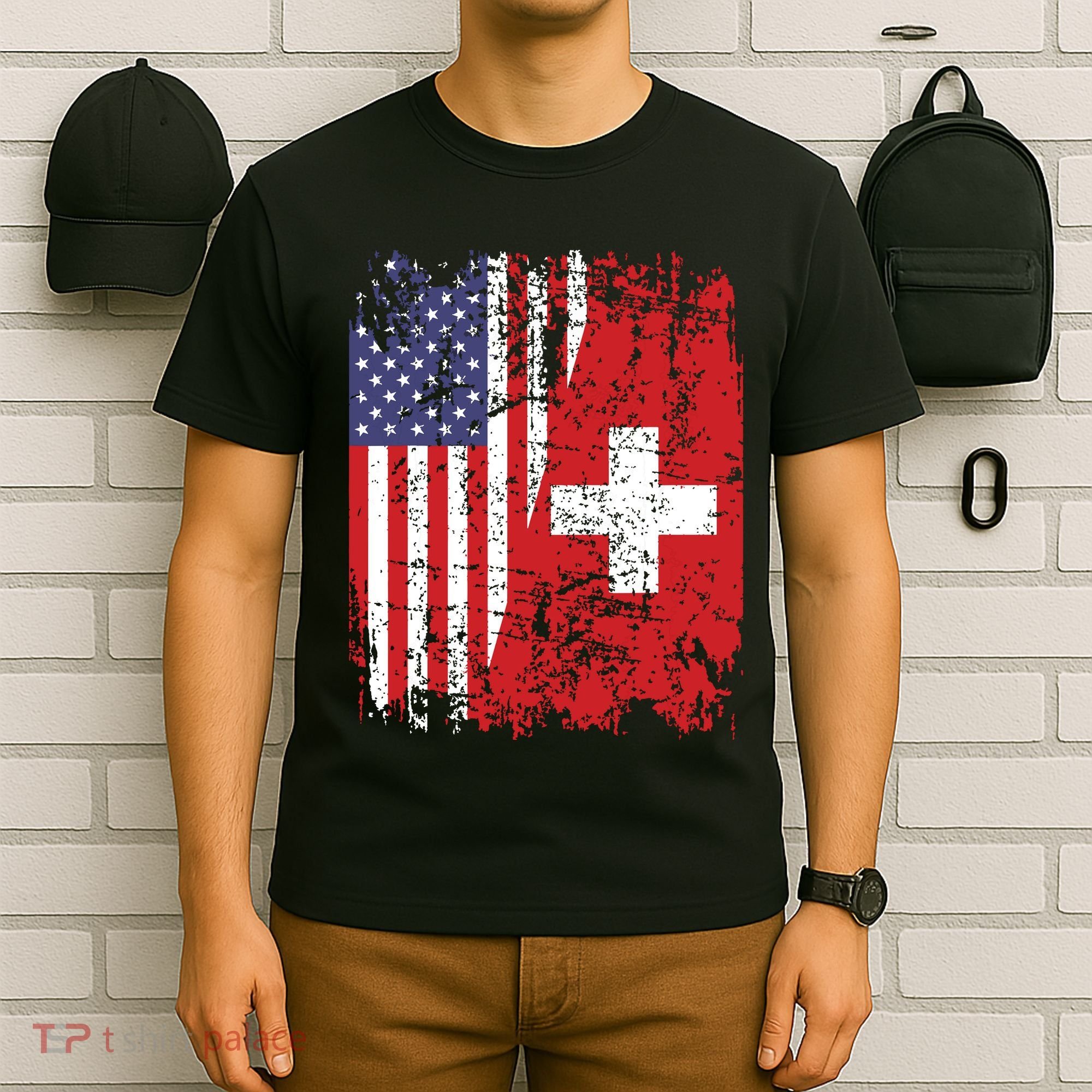 Swiss Roots Half American Flag Switzerland T-Shirt