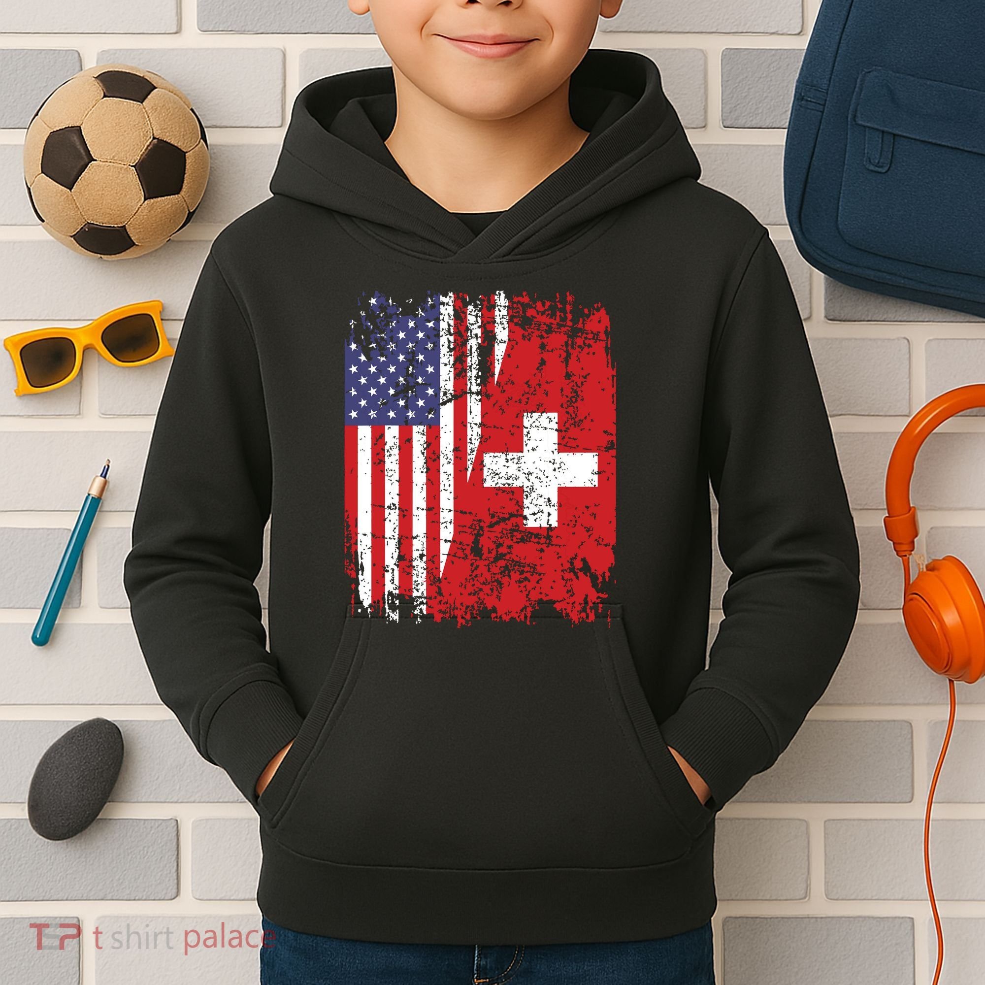 Swiss Roots Half American Flag Switzerland Kids Hoodie