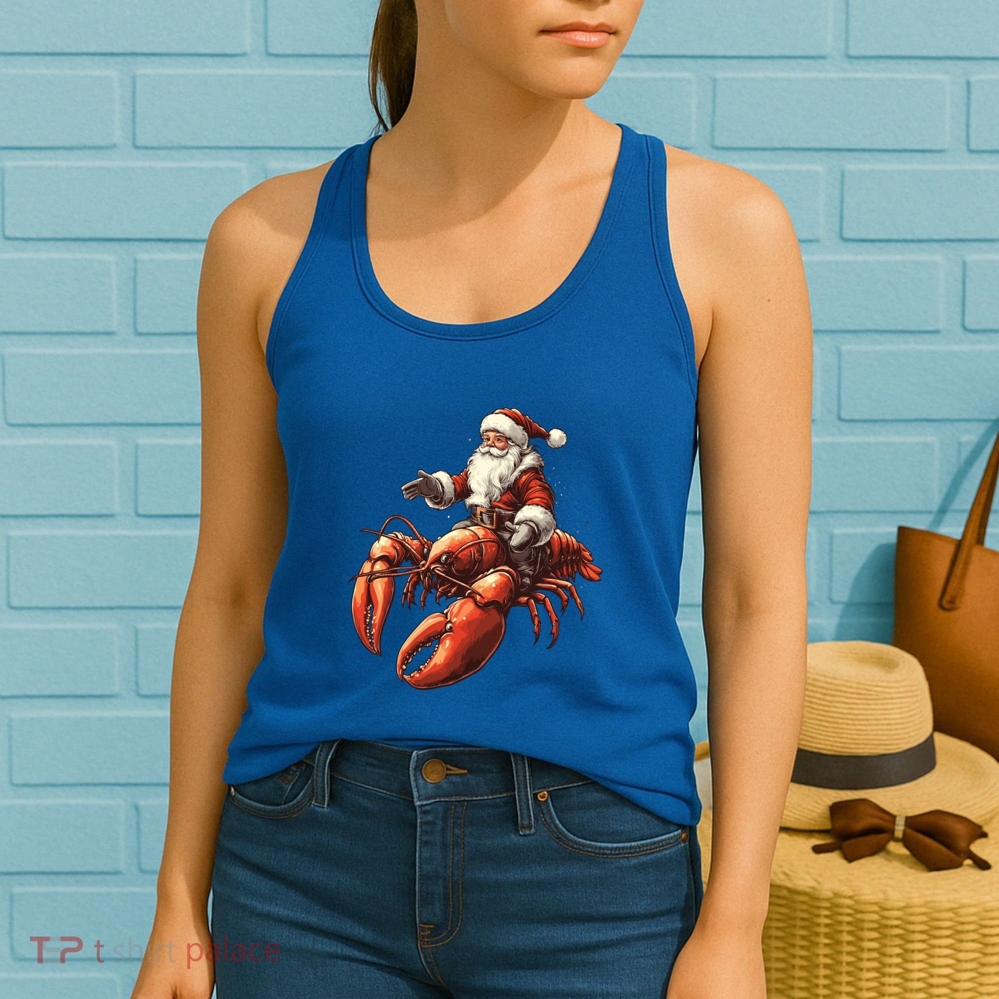 Santa Riding Lobster Funny Lobster Christmas Xmas Pajama Funny Gift Women's Tank Top