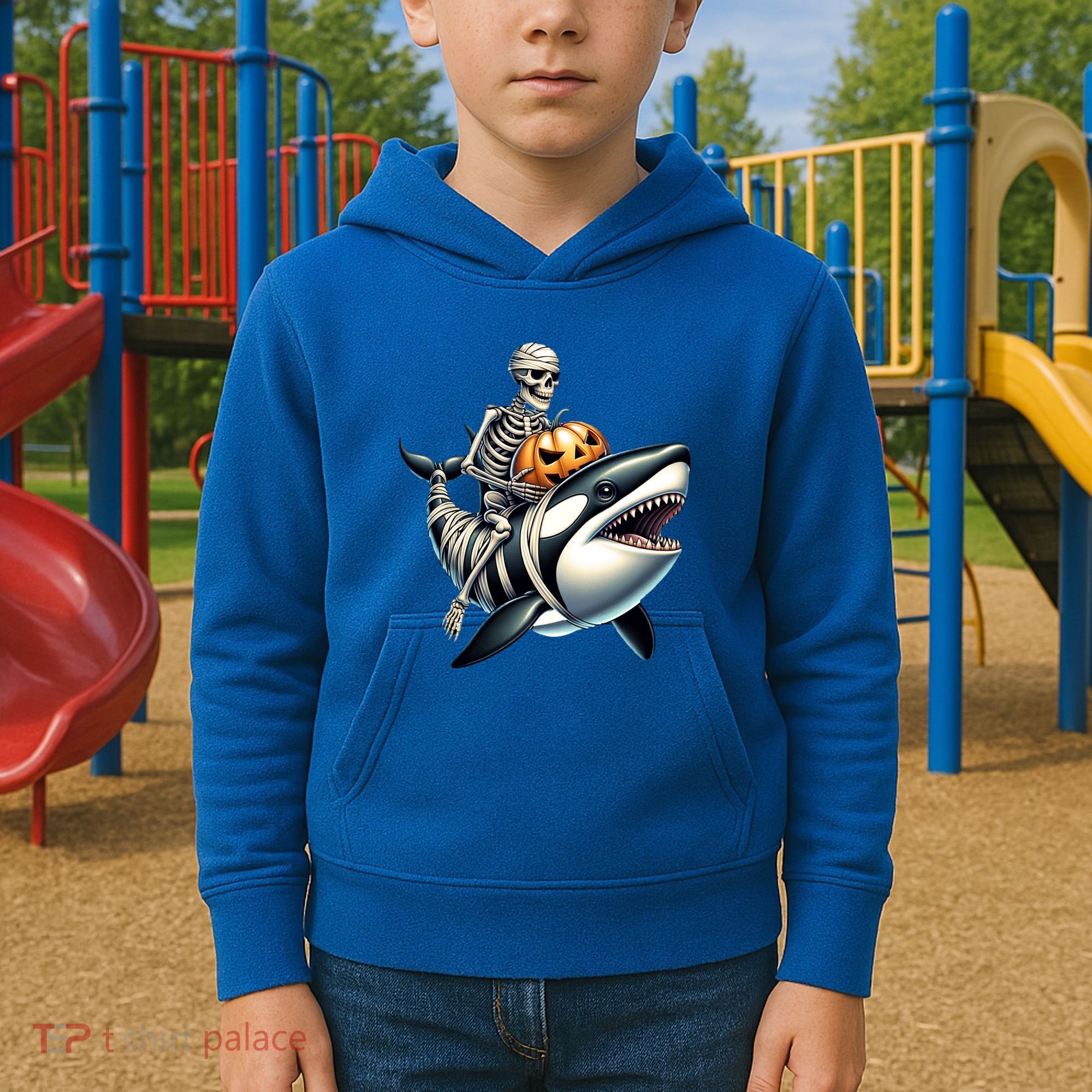 Skeleton Riding Mummy Orca Halloween Whale Great Gift Kids Hoodie