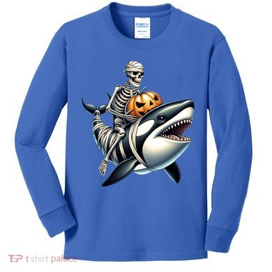 Skeleton Riding Mummy Orca Halloween Whale Great Gift Kids Long Sleeve Shirt