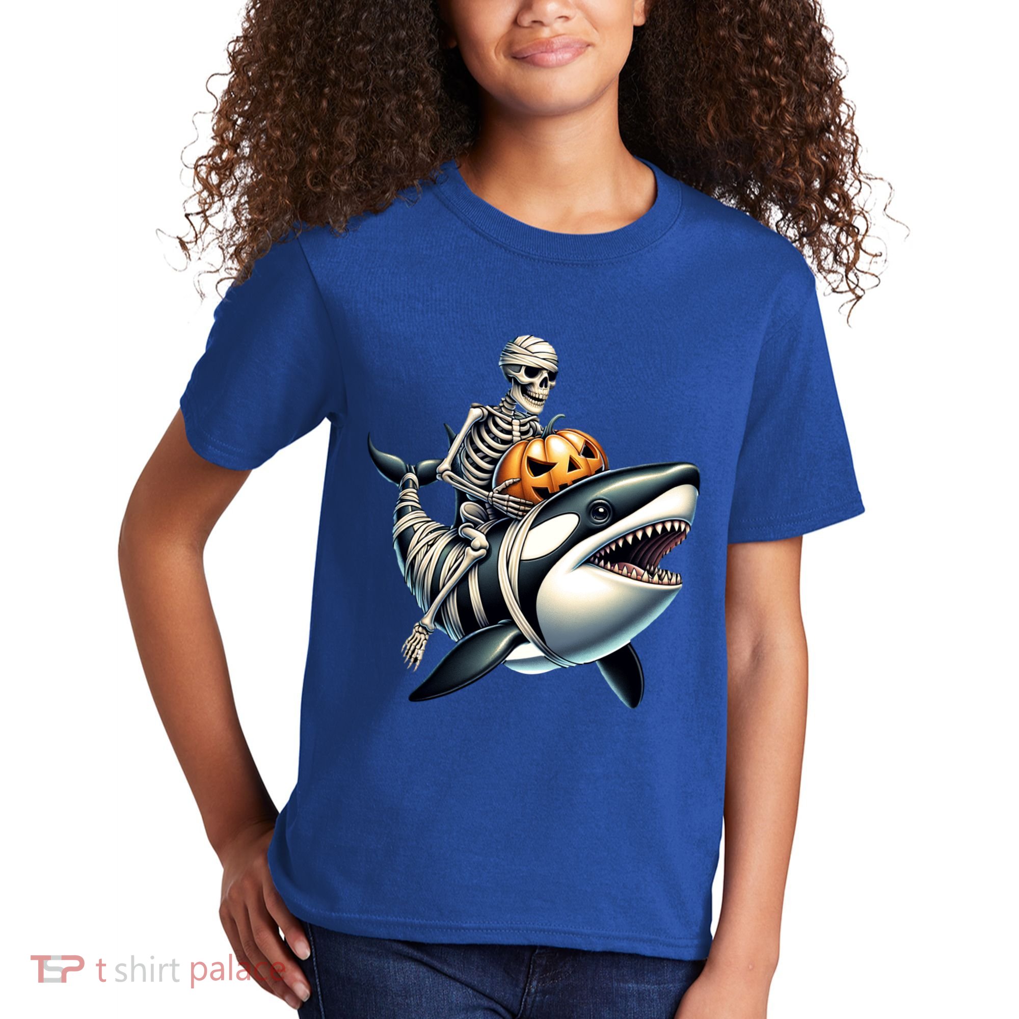Skeleton Riding Mummy Orca Halloween Whale Great Gift Kids T-Shirt