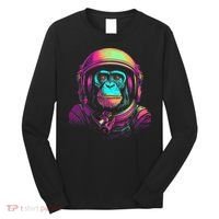 Synthwave Retrowave Monkey Astronaut Retro 1980s Graphic Long Sleeve Shirt thumb 0