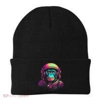 Synthwave Retrowave Monkey Astronaut Retro 1980s Graphic Beanie thumb 0