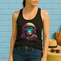 Synthwave Retrowave Monkey Astronaut Retro 1980s Graphic Women's Tank Top thumb 2