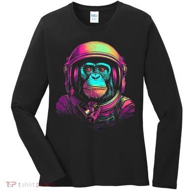 Synthwave Retrowave Monkey Astronaut Retro 1980s Graphic Women's Long Sleeve Shirt