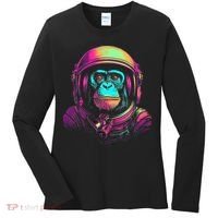 Synthwave Retrowave Monkey Astronaut Retro 1980s Graphic Women's Long Sleeve Shirt thumb 0