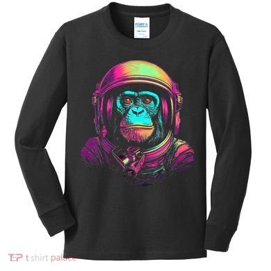 Synthwave Retrowave Monkey Astronaut Retro 1980s Graphic Kids Long Sleeve Shirt