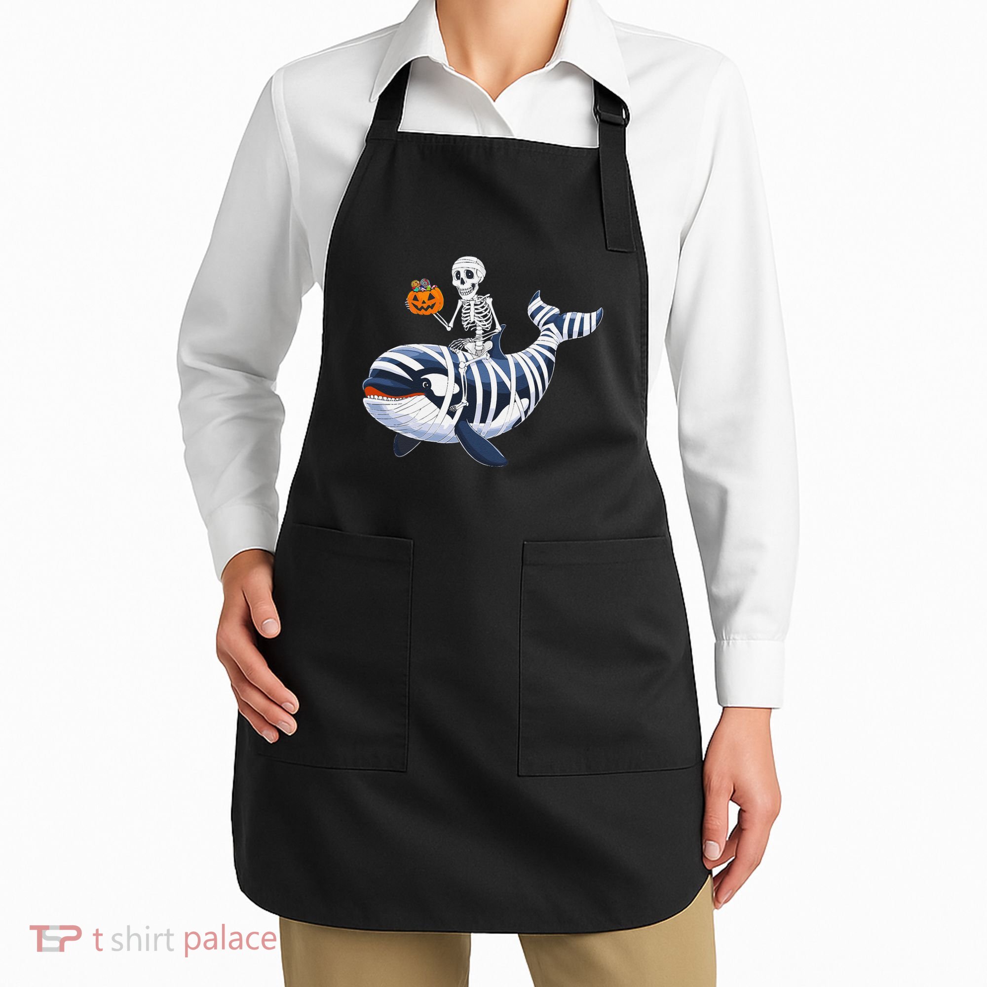 Skeleton Riding Mummy Orca Halloween Candy Whale Gift Apron