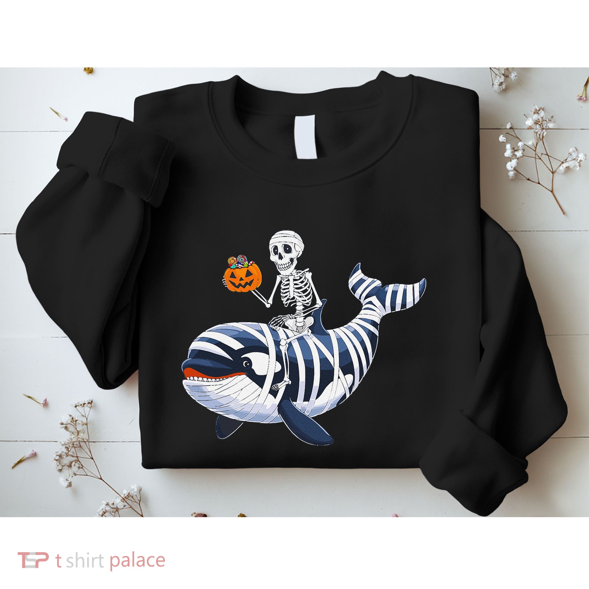Skeleton Riding Mummy Orca Halloween Candy Whale Gift Sweatshirt