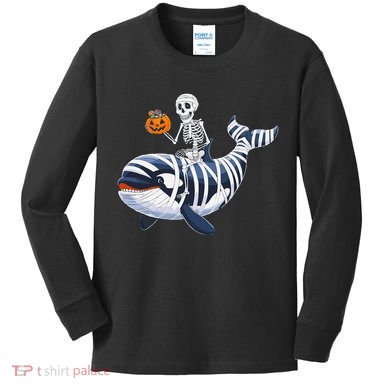Skeleton Riding Mummy Orca Halloween Candy Whale Gift Kids Long Sleeve Shirt