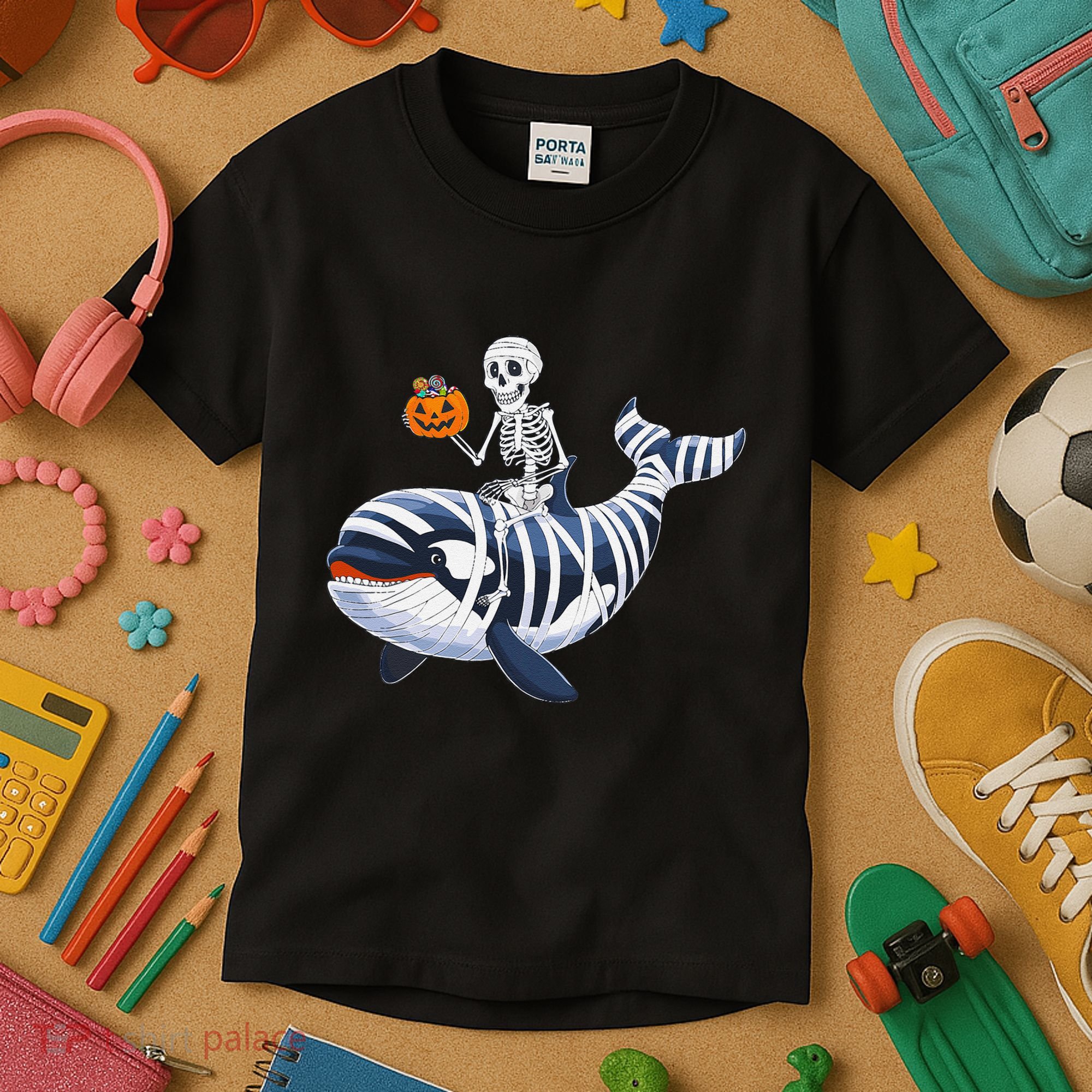 Skeleton Riding Mummy Orca Halloween Candy Whale Gift Kids T-Shirt