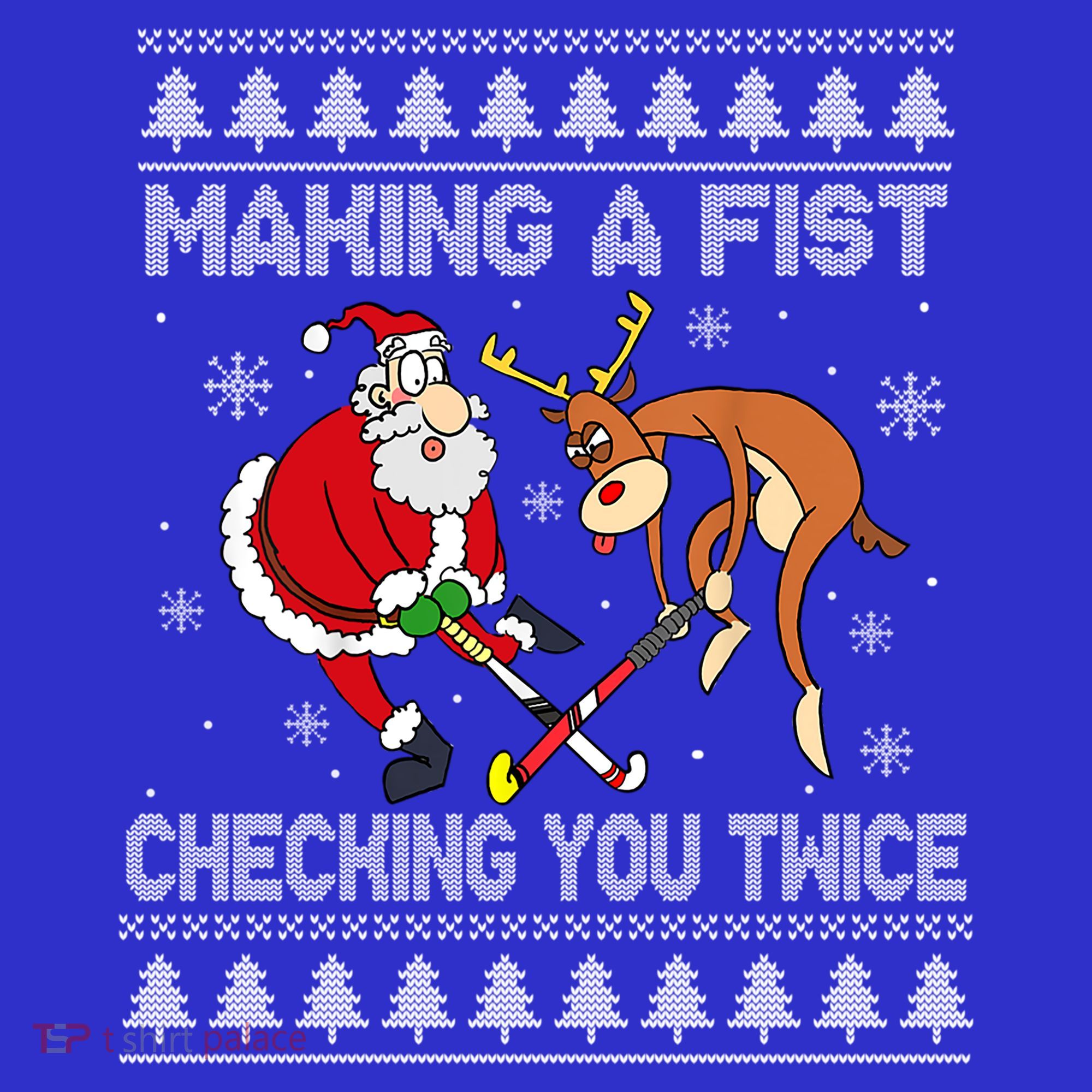 Santa Reindeer Making A Fist Checking You Twice Hockey Xmas Gift Apron
