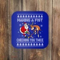 Santa Reindeer Making A Fist Checking You Twice Hockey Xmas Gift Coaster thumb 0
