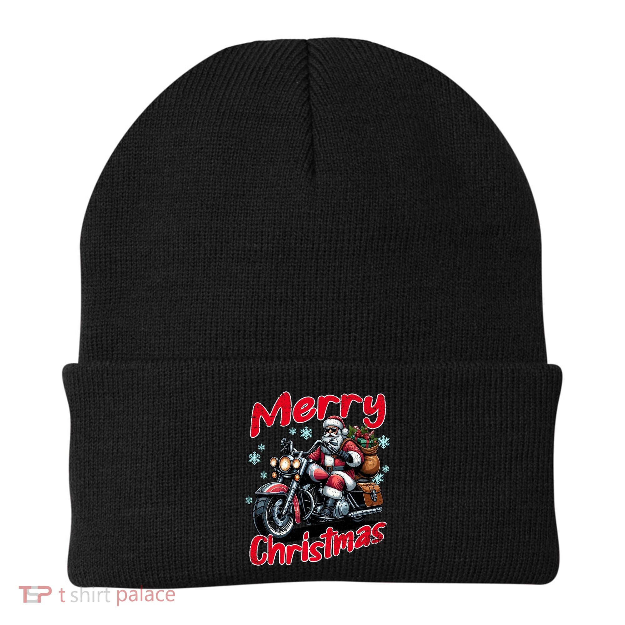Santa Riding Motorcycle Merry Christmas Festive Xmas Holiday Gift Beanie