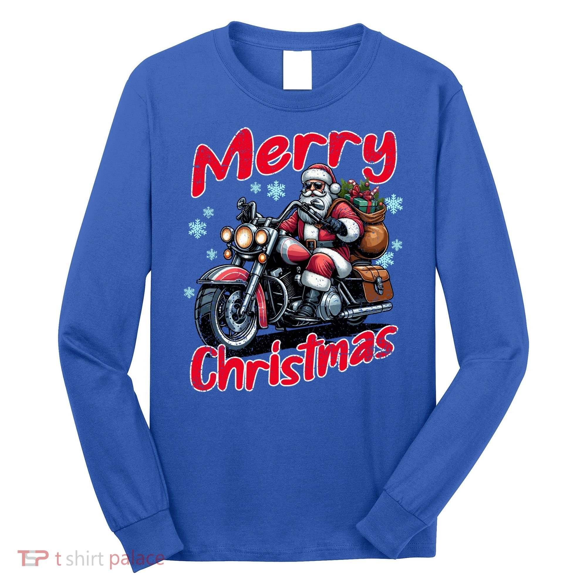 Santa Riding Motorcycle Merry Christmas Festive Xmas Holiday Gift Long Sleeve Shirt