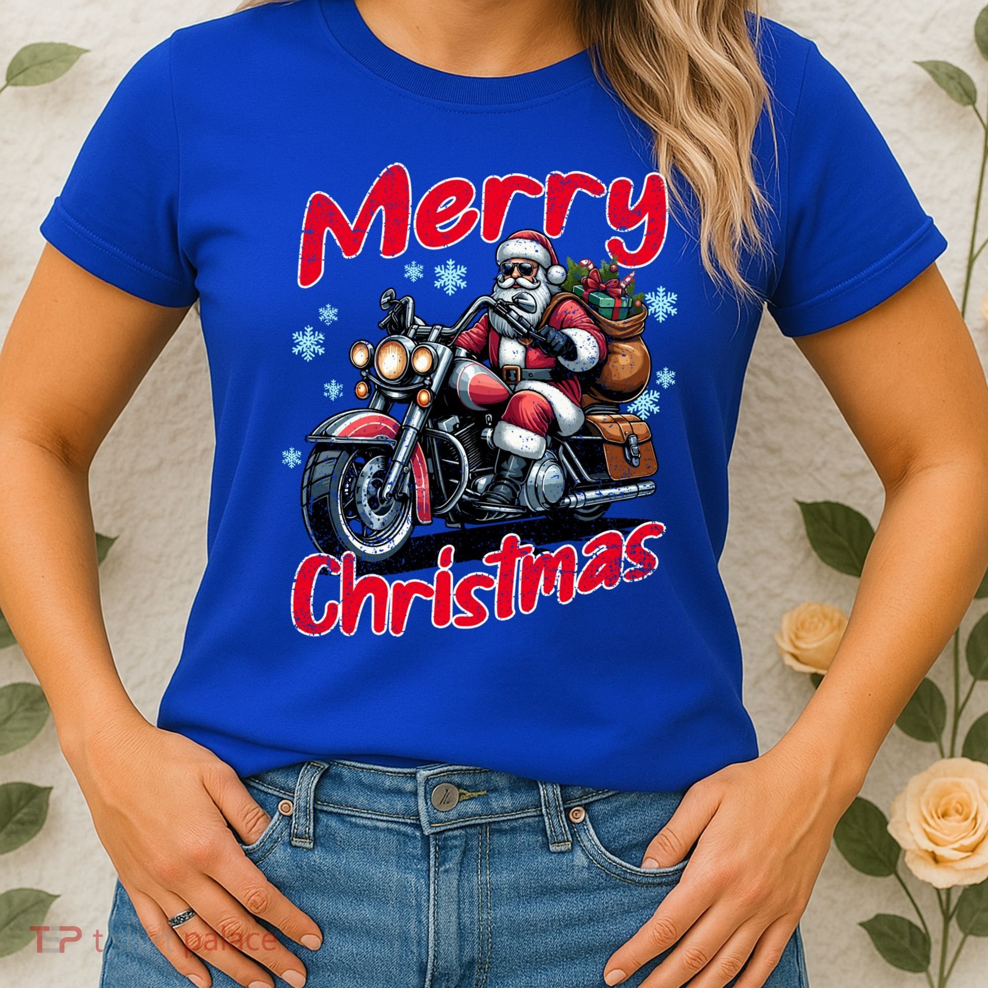 Santa Riding Motorcycle Merry Christmas Festive Xmas Holiday Gift Women's T-Shirt