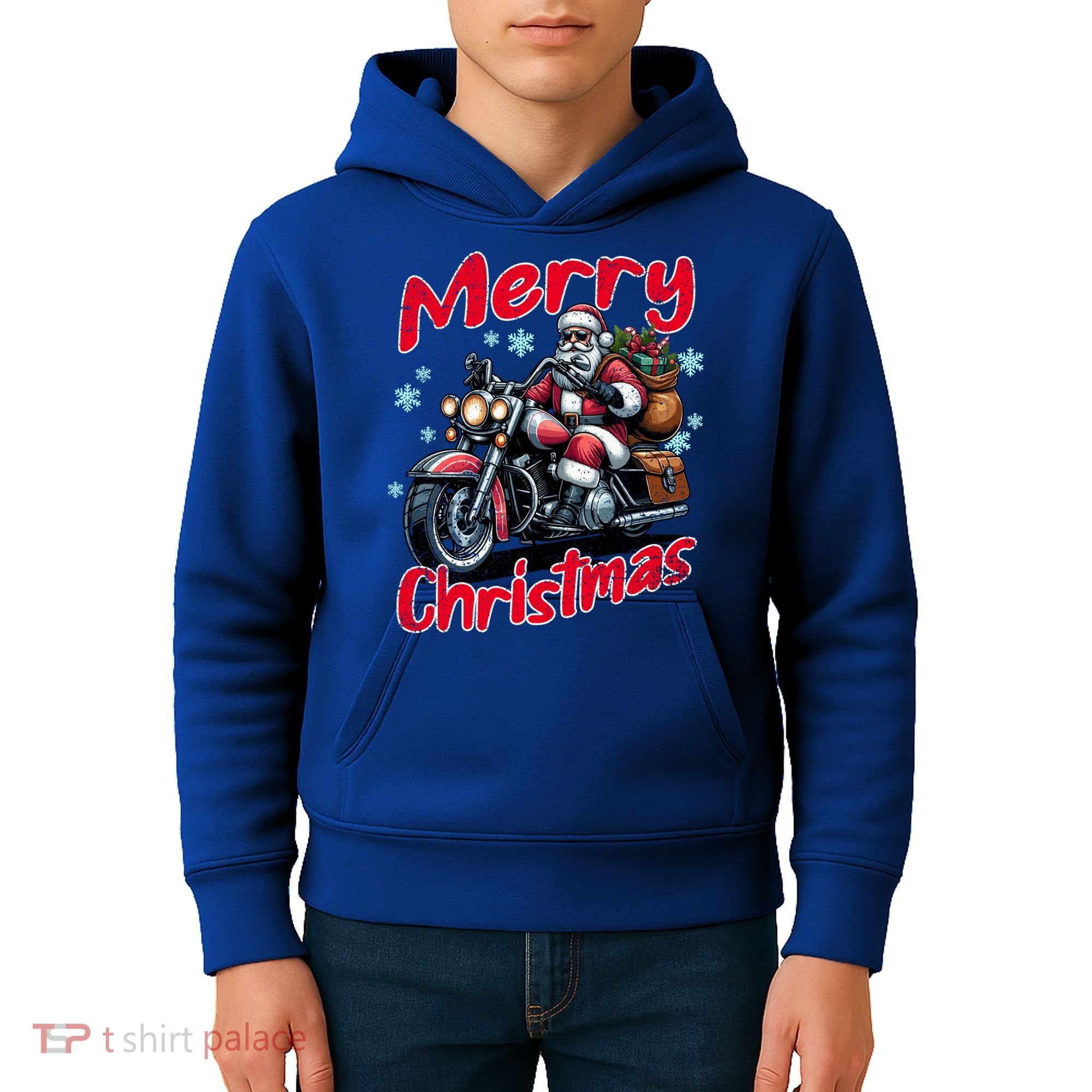Santa Riding Motorcycle Merry Christmas Festive Xmas Holiday Gift Kids Hoodie