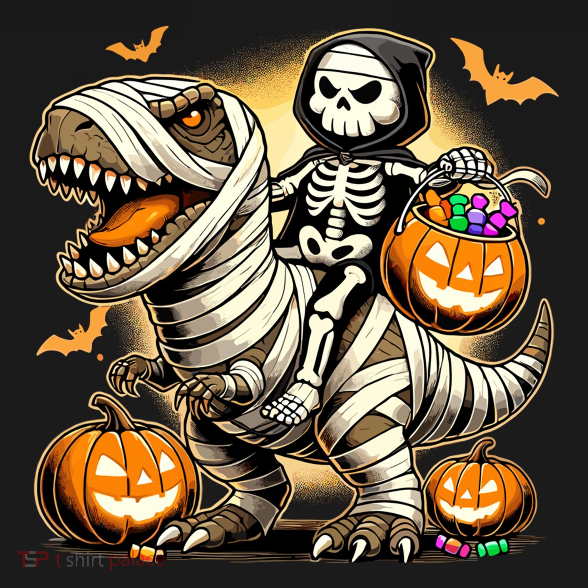 Skeleton Riding Mummy Dinosaur Halloween Pumpkin Cool Gift Bucket Hat