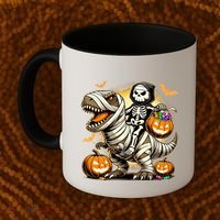 Skeleton Riding Mummy Dinosaur Halloween Pumpkin Cool Gift Coffee Mug thumb 2