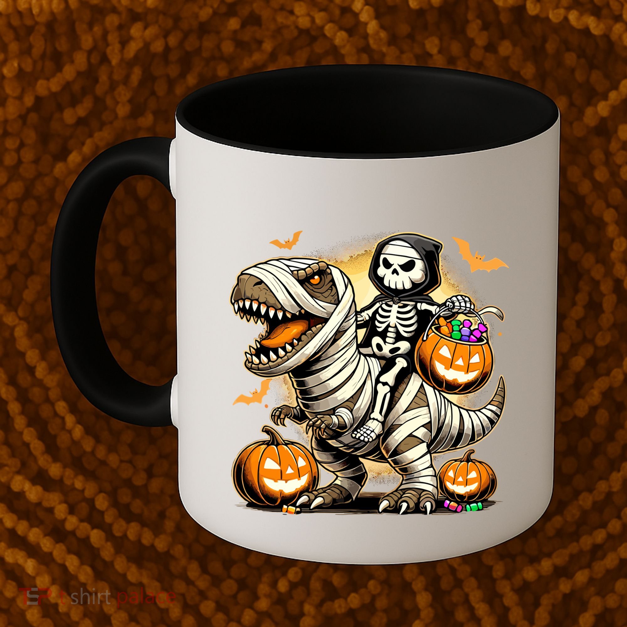 Skeleton Riding Mummy Dinosaur Halloween Pumpkin Cool Gift Coffee Mug