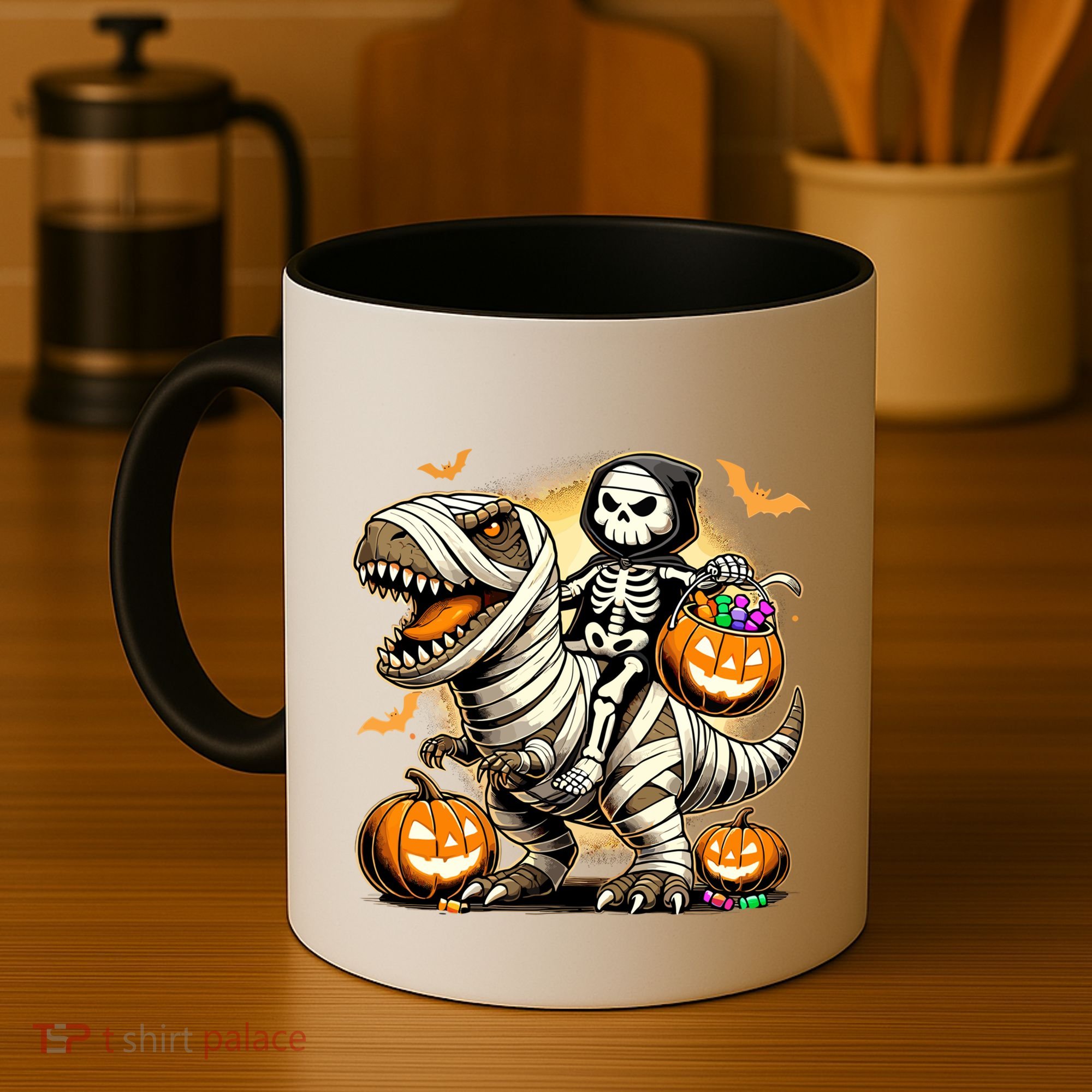 Skeleton Riding Mummy Dinosaur Halloween Pumpkin Cool Gift Coffee Mug