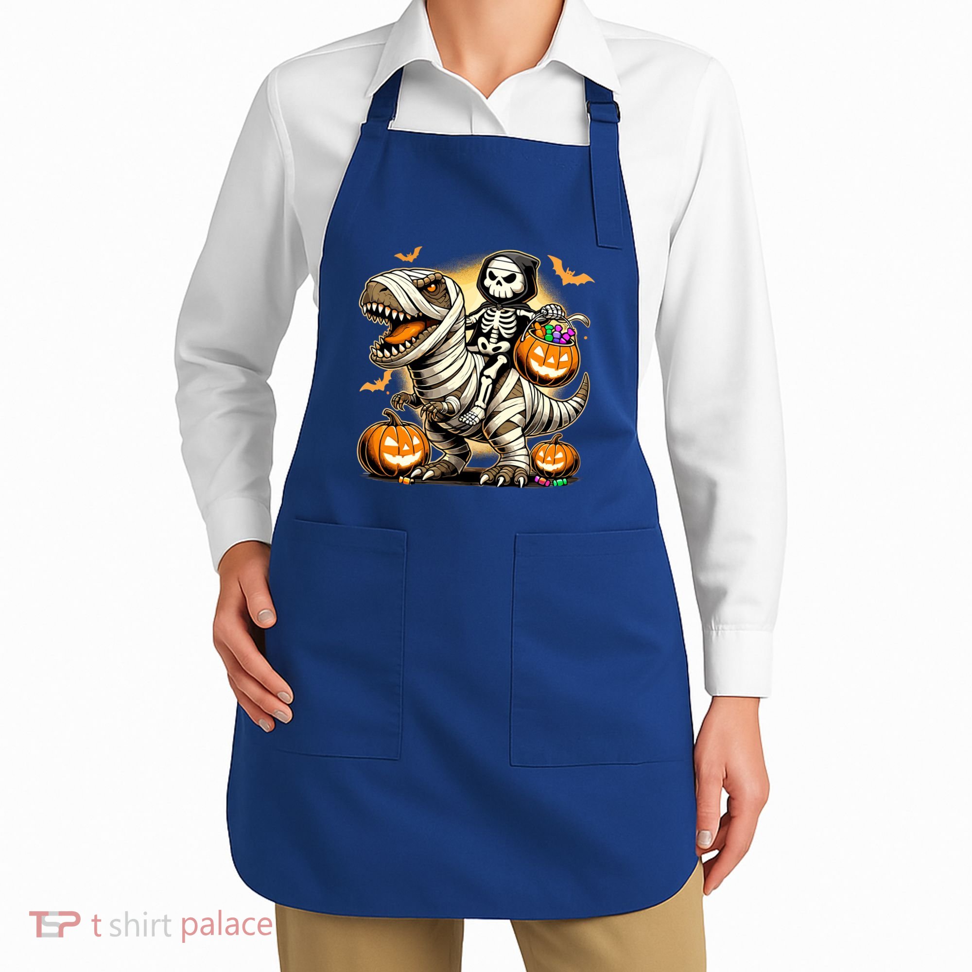 Skeleton Riding Mummy Dinosaur Halloween Pumpkin Cool Gift Apron