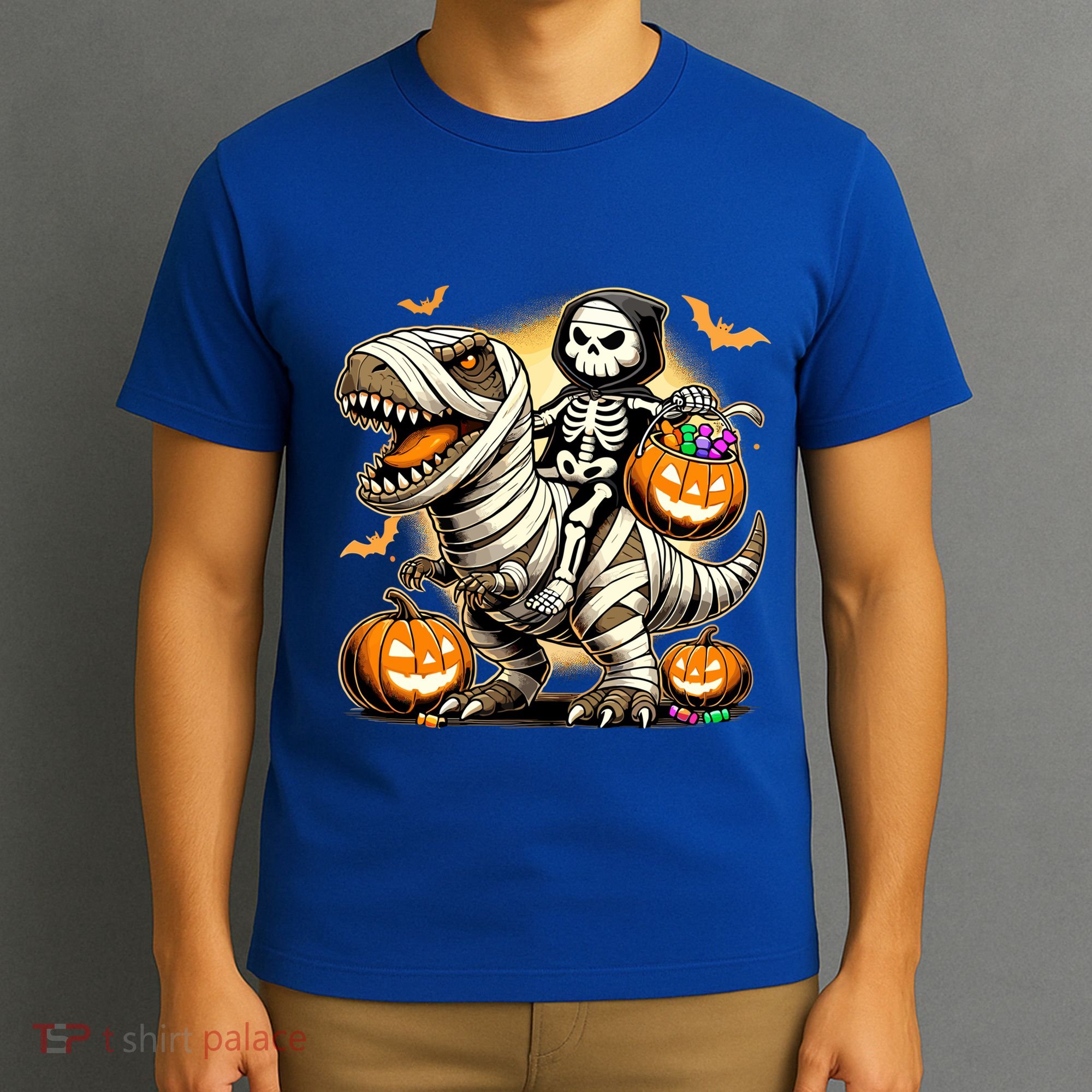 Skeleton Riding Mummy Dinosaur Halloween Pumpkin Cool Gift T-Shirt