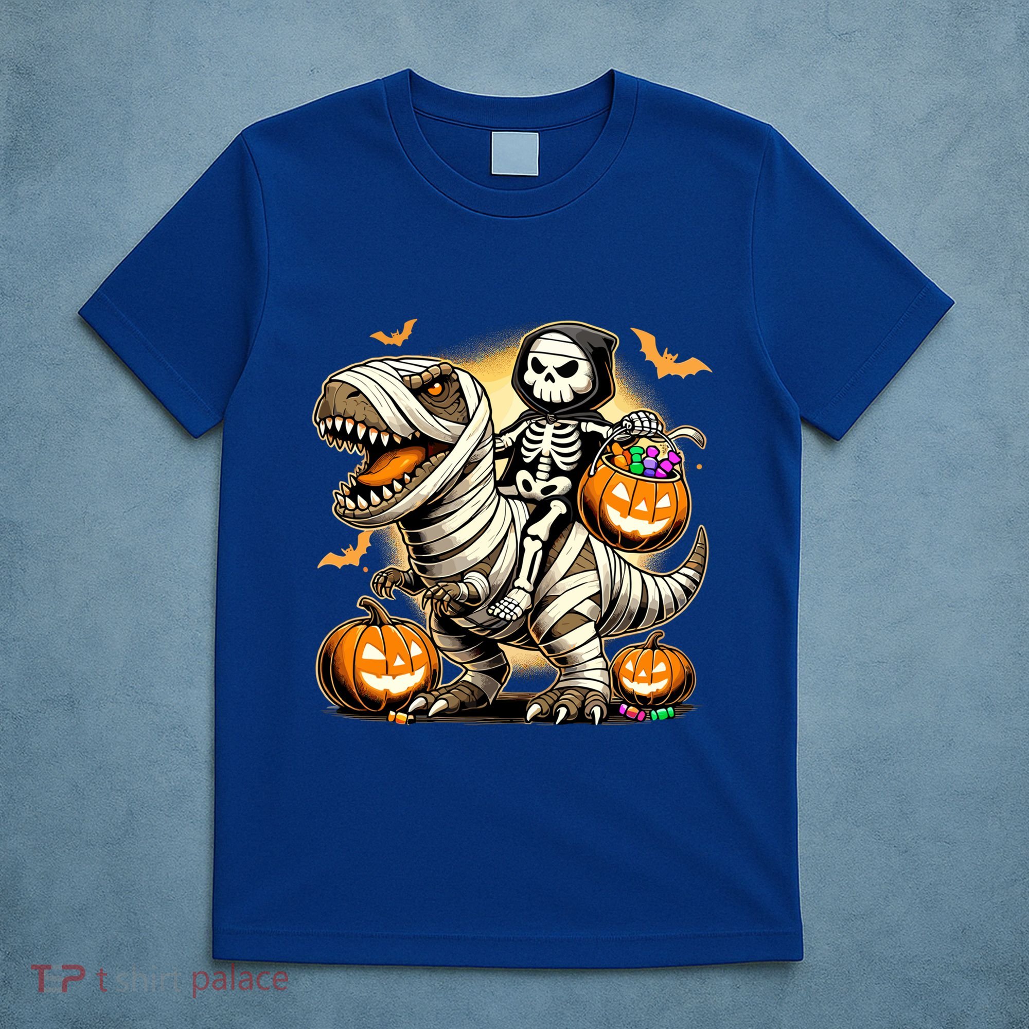Skeleton Riding Mummy Dinosaur Halloween Pumpkin Cool Gift T-Shirt