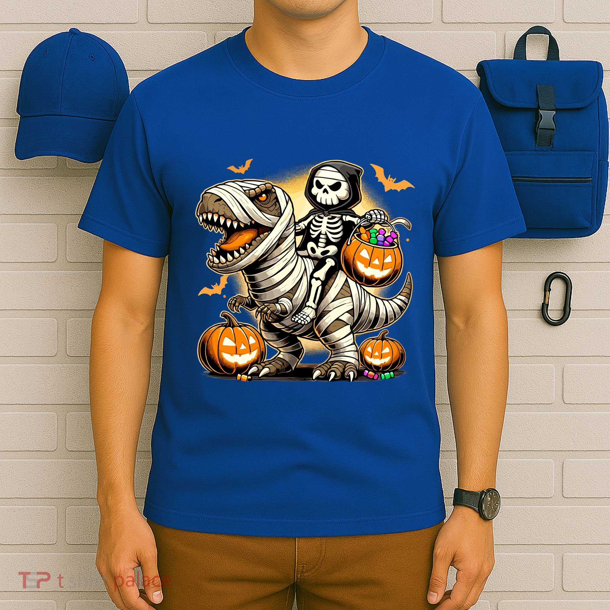 Skeleton Riding Mummy Dinosaur Halloween Pumpkin Cool Gift T-Shirt