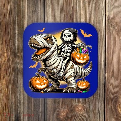 Skeleton Riding Mummy Dinosaur Halloween Pumpkin Cool Gift Coaster