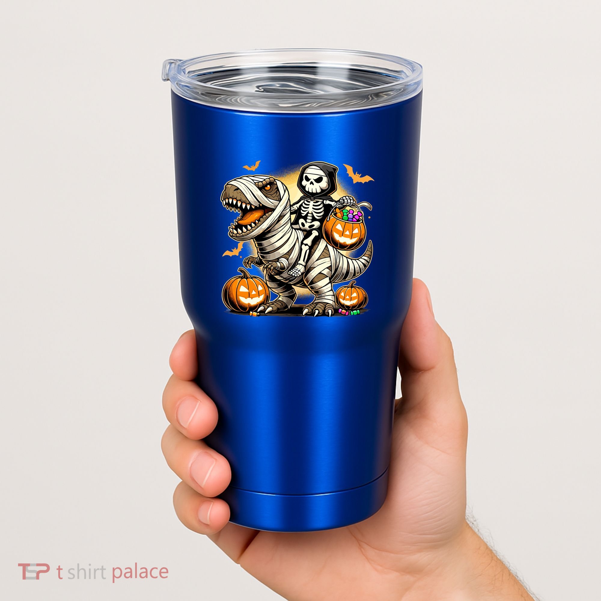 Skeleton Riding Mummy Dinosaur Halloween Pumpkin Cool Gift Tumbler