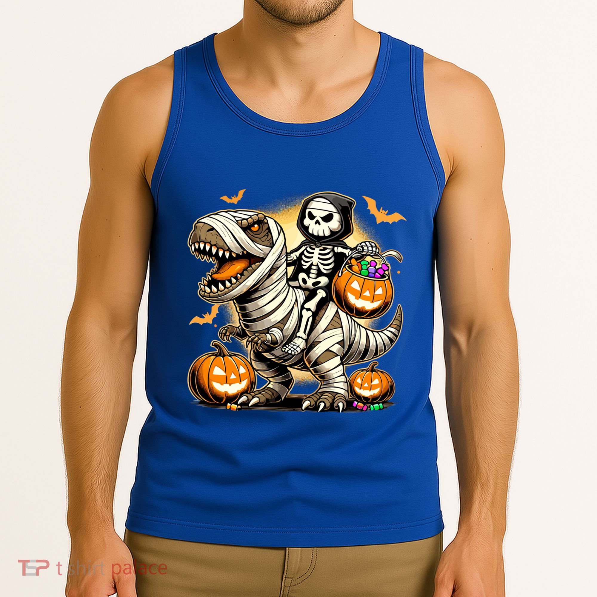 Skeleton Riding Mummy Dinosaur Halloween Pumpkin Cool Gift Tank Top