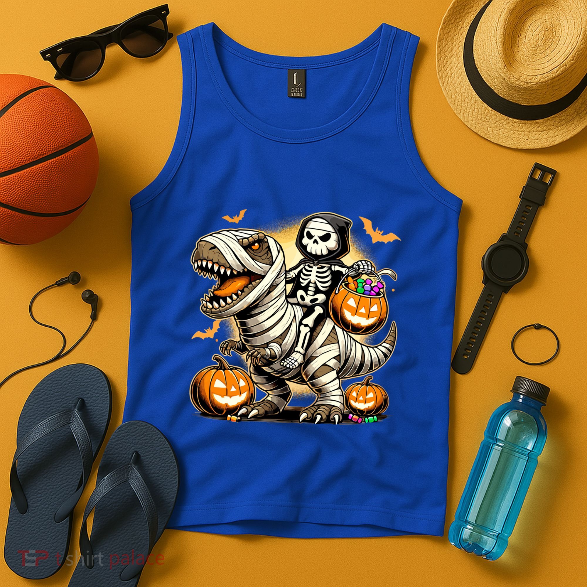 Skeleton Riding Mummy Dinosaur Halloween Pumpkin Cool Gift Tank Top