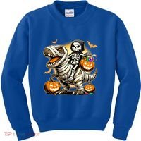 Skeleton Riding Mummy Dinosaur Halloween Pumpkin Cool Gift Kids Sweatshirt thumb 0
