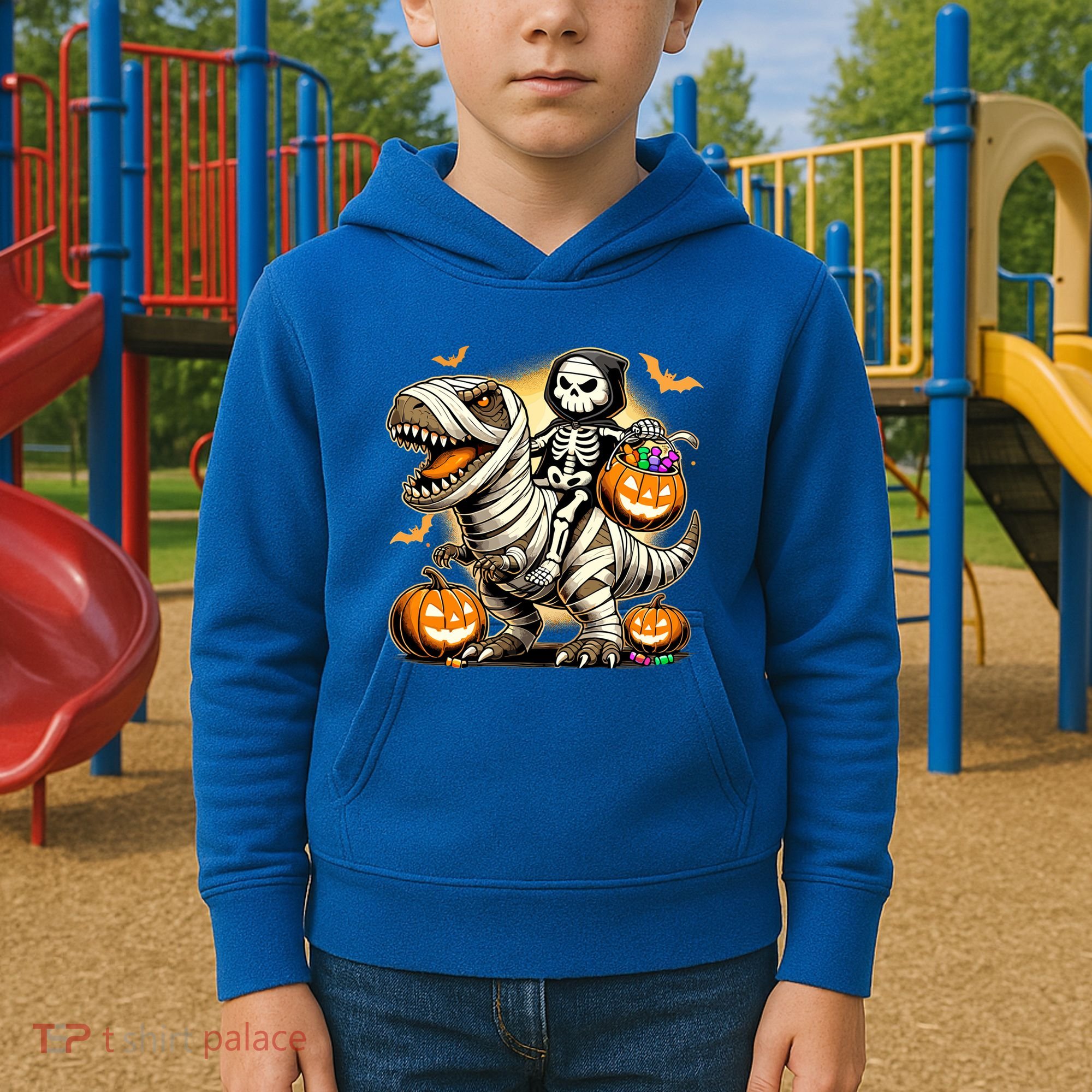 Skeleton Riding Mummy Dinosaur Halloween Pumpkin Cool Gift Kids Hoodie