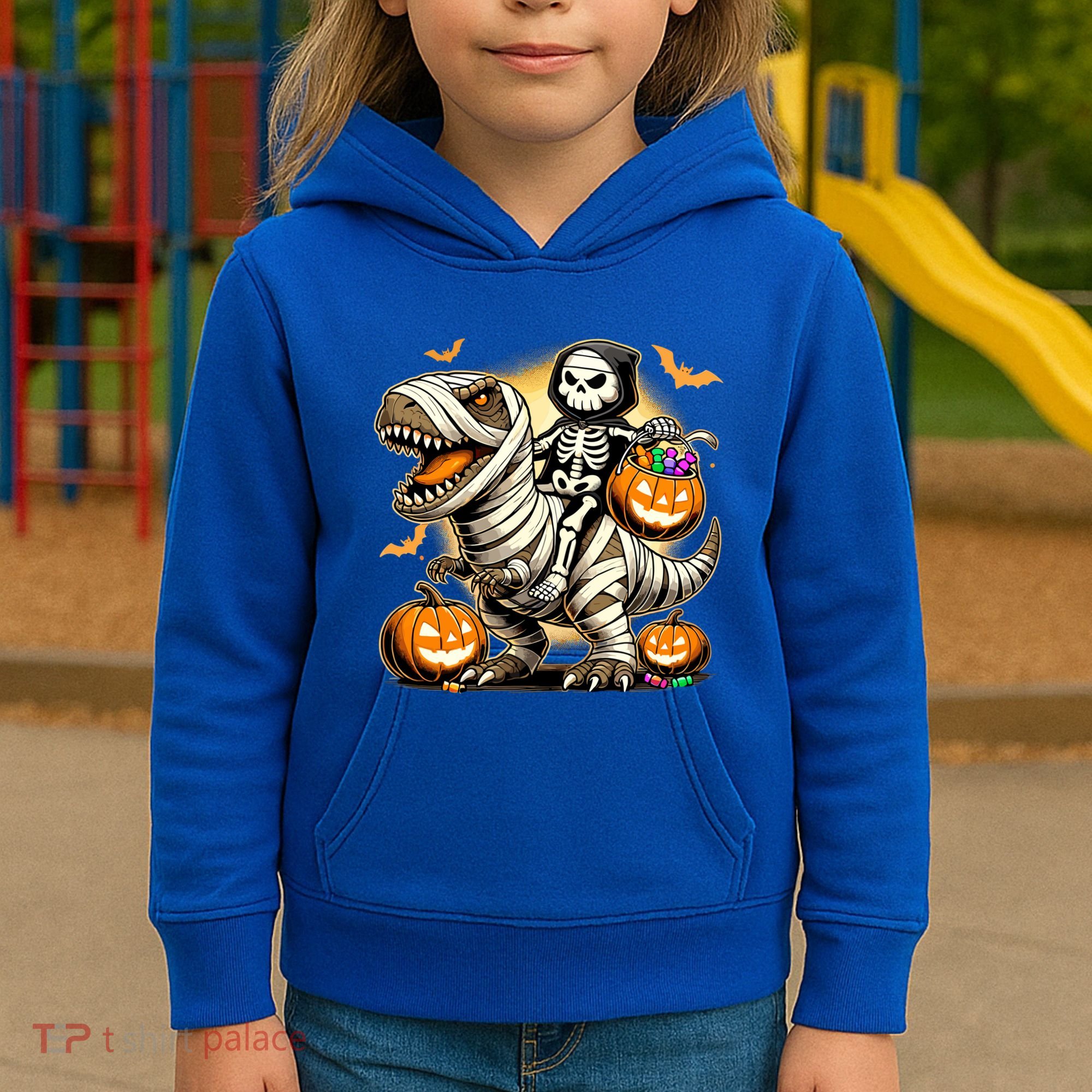 Skeleton Riding Mummy Dinosaur Halloween Pumpkin Cool Gift Kids Hoodie