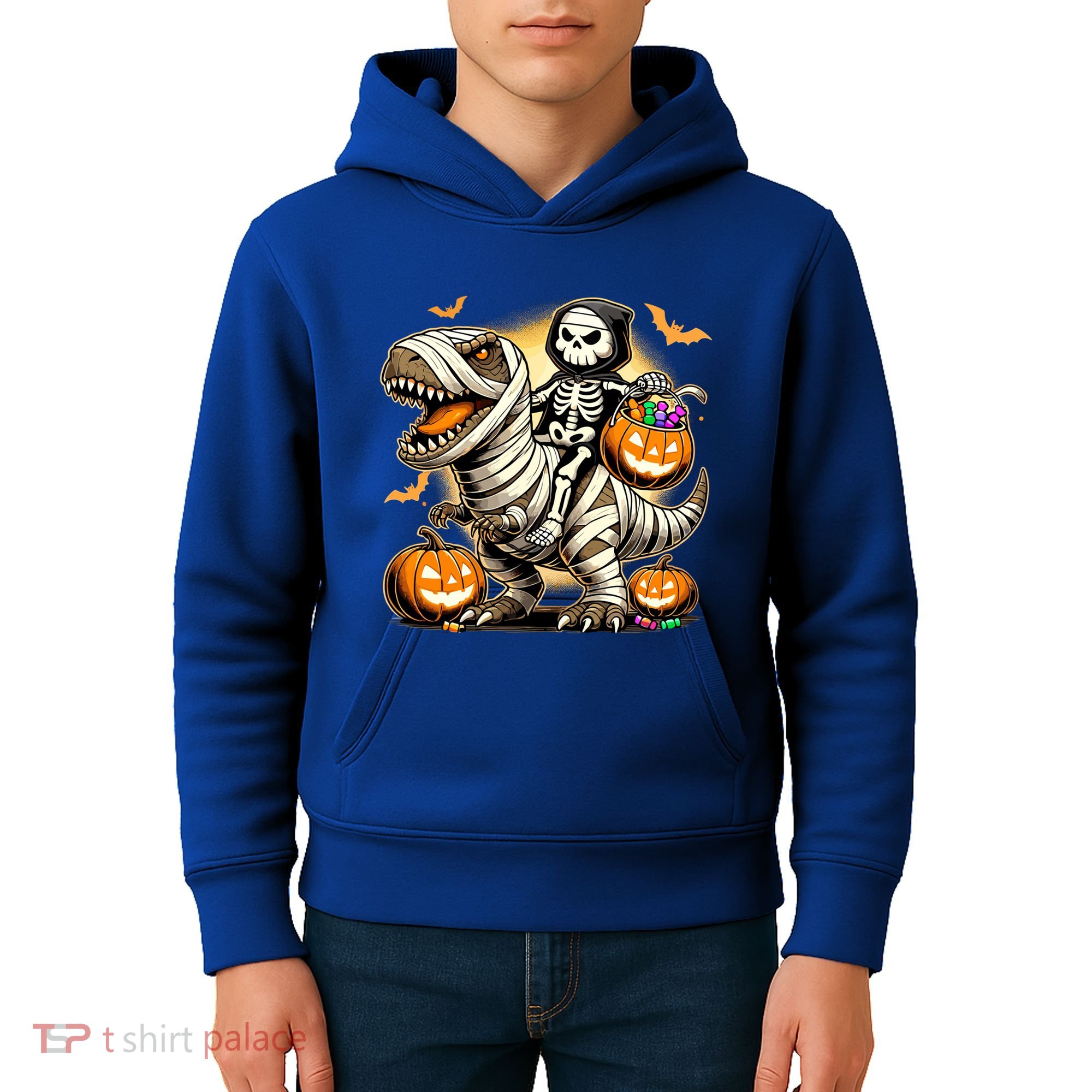 Skeleton Riding Mummy Dinosaur Halloween Pumpkin Cool Gift Kids Hoodie