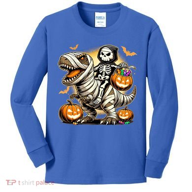 Skeleton Riding Mummy Dinosaur Halloween Pumpkin Cool Gift Kids Long Sleeve Shirt