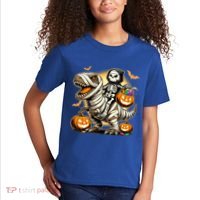 Skeleton Riding Mummy Dinosaur Halloween Pumpkin Cool Gift Kids T-Shirt thumb 2