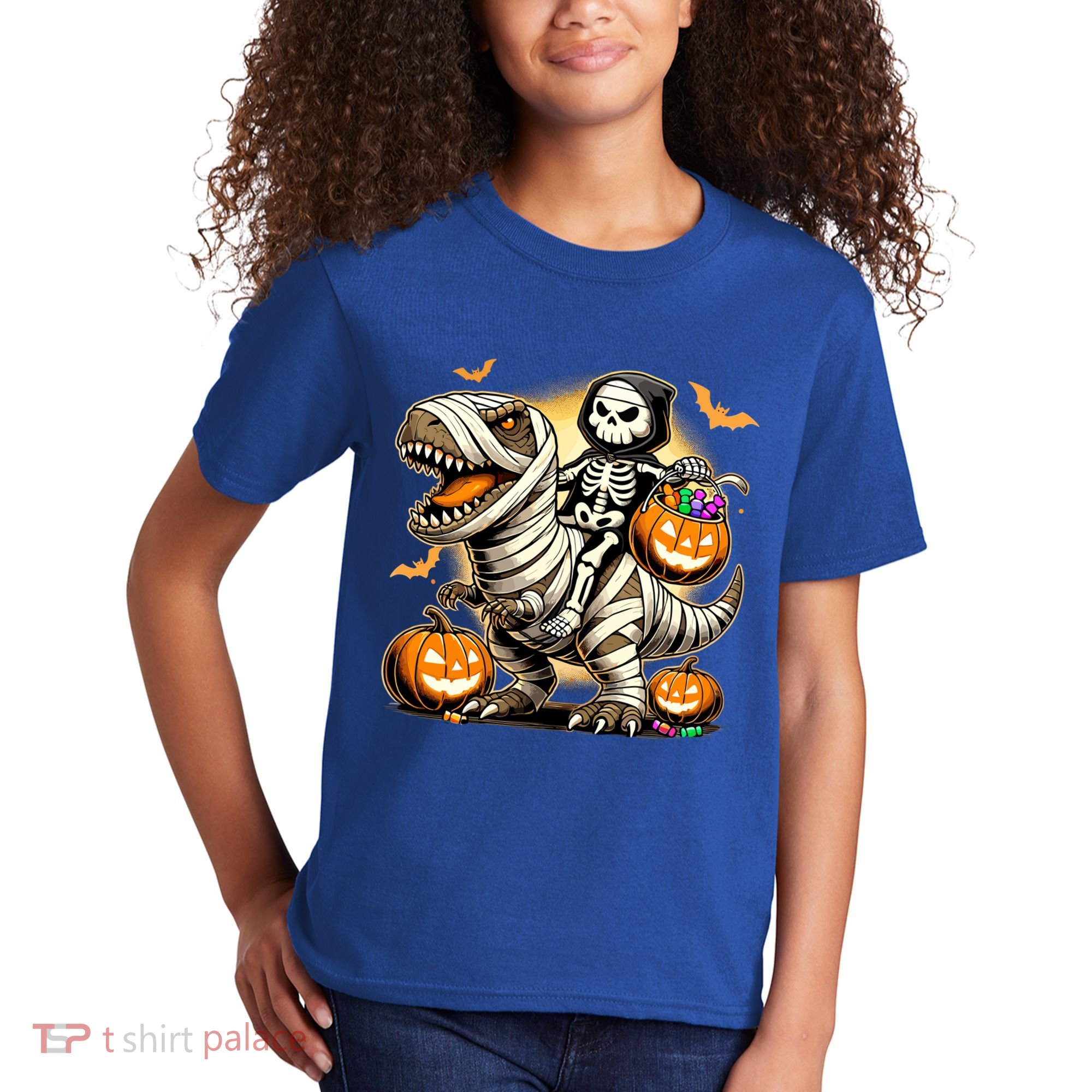 Skeleton Riding Mummy Dinosaur Halloween Pumpkin Cool Gift Kids T-Shirt