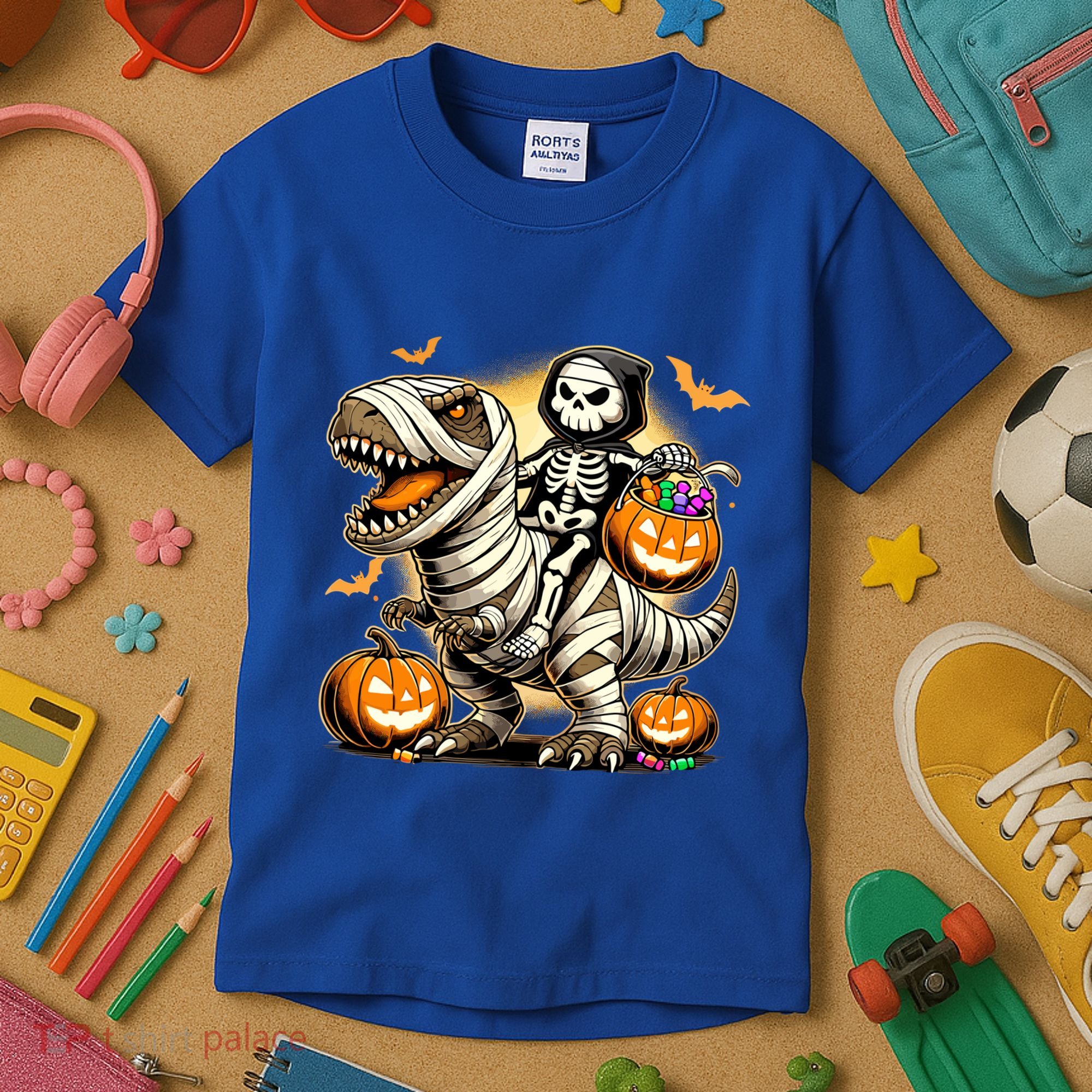 Skeleton Riding Mummy Dinosaur Halloween Pumpkin Cool Gift Kids T-Shirt