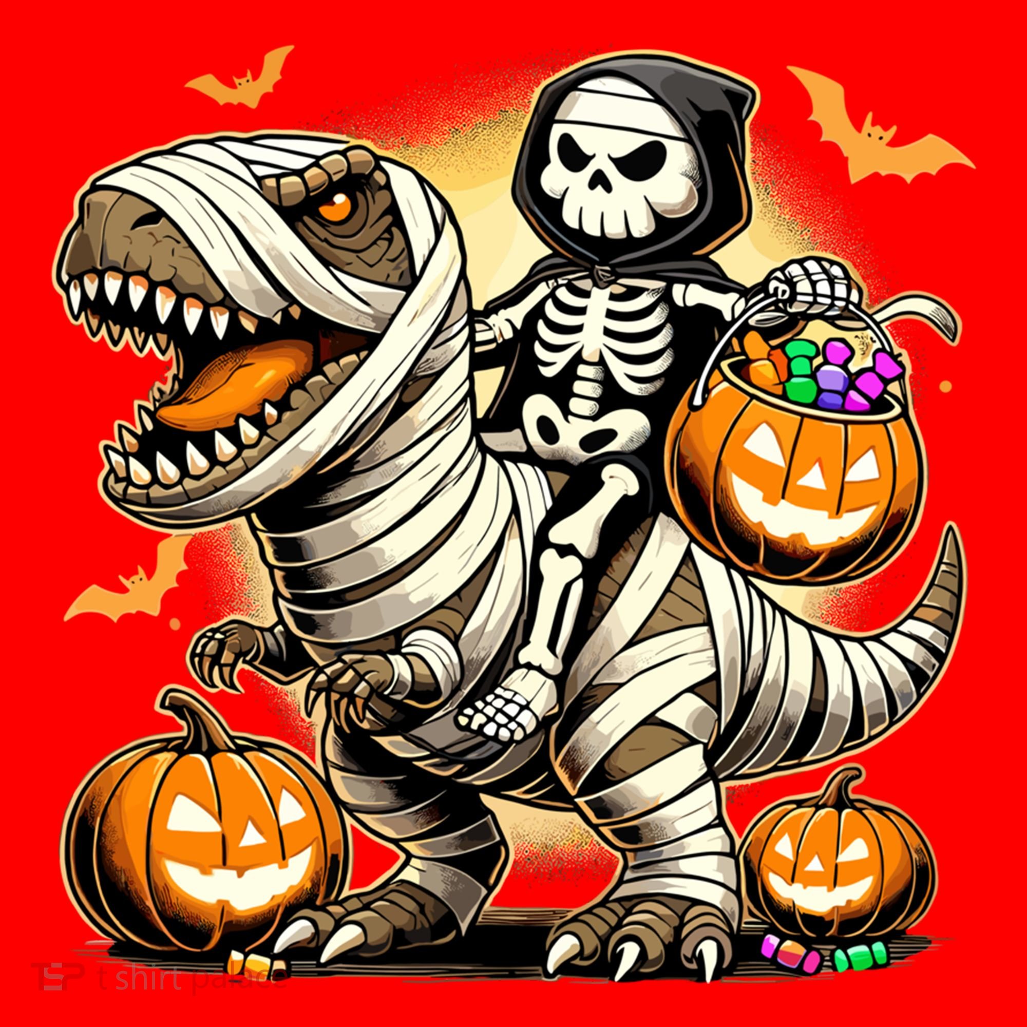 Skeleton Riding Mummy Dinosaur Halloween Pumpkin Cool Gift Santa Hat