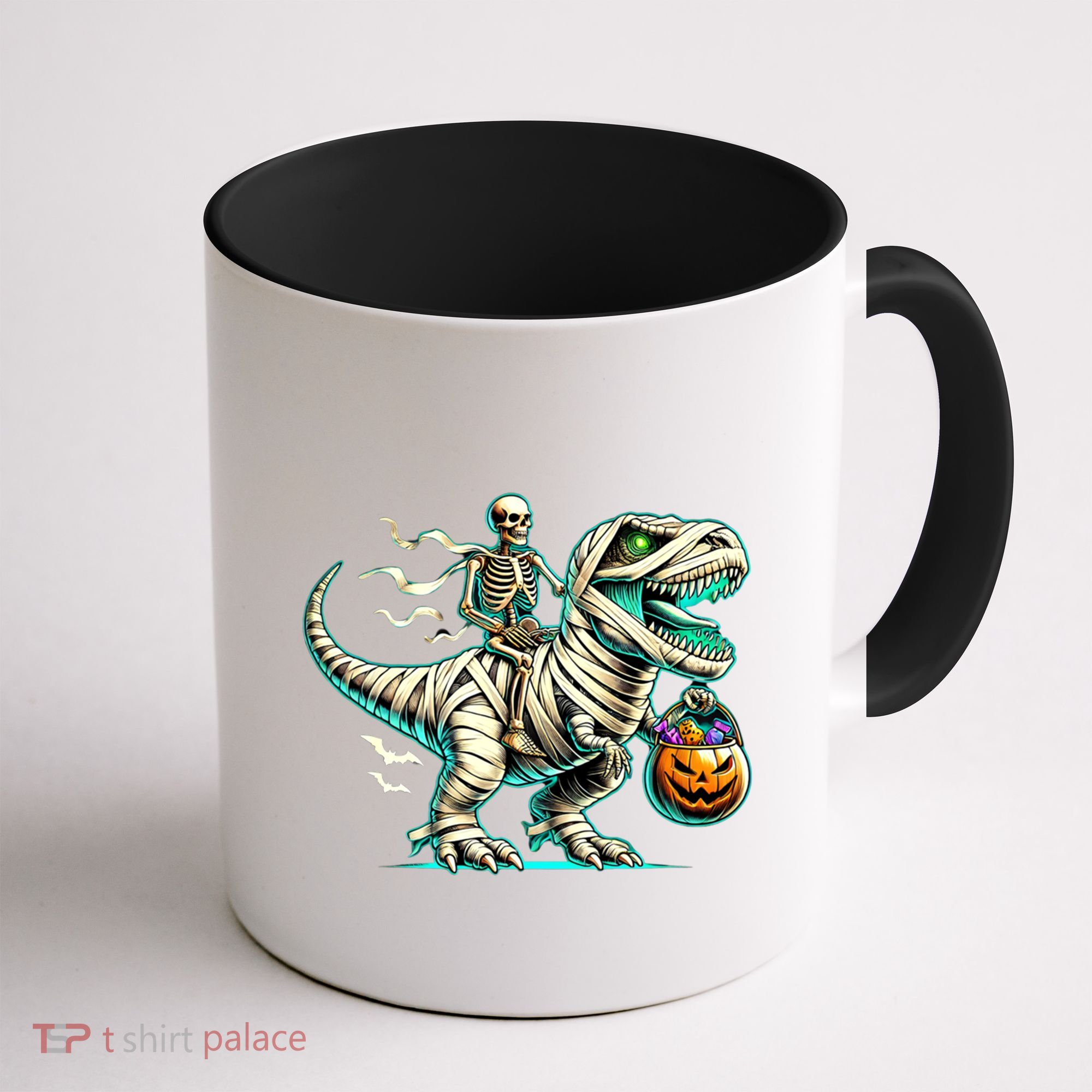 Skeleton Riding Mummy Dinosaur T Rex Halloween Funny Pumpkin Cute Gift Coffee Mug